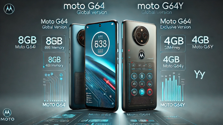 MOTO g64とMOTO g64yのスペック比較画像。メモリ容量、価格、発売元、その他の違いが表でわかりやすく説明されています。