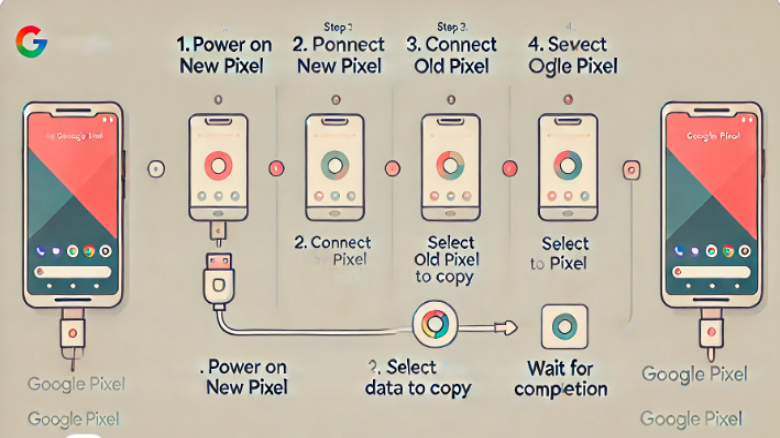Google Pixelデバイス間でデータを移行する手順を示した画像。4つのステップが表示され、電源を入れ、デバイスを接続し、データを選択し、移行を完了するまでの流れを解説しています。