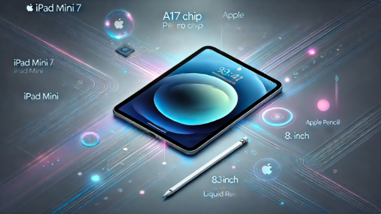 透明な保護ケースに入った iPad mini 7 を紹介する画像。洗練されたデザイン、Apple Pencil との互換性、パフォーマンス向上のための A17 Pro チップが強調されています。