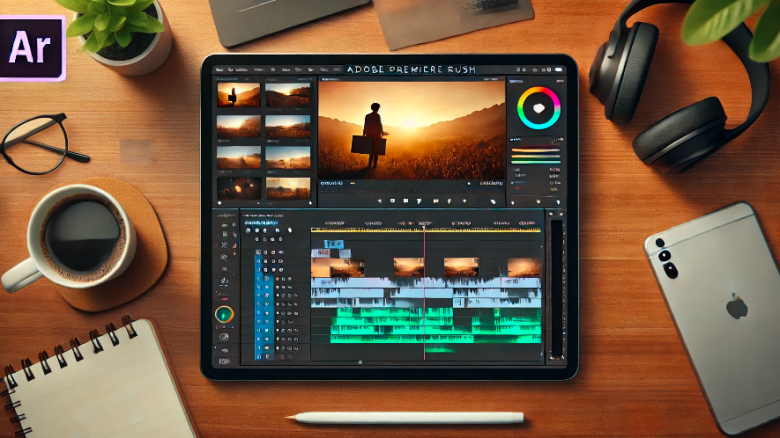 iPad上のAdobe Premiere Rushの編集画面。動画クリップ、エフェクト、テキストツールが並んだ直感的なインターフェース。