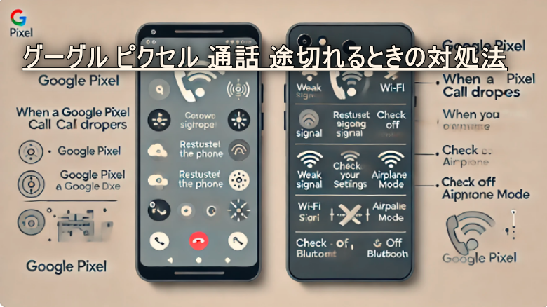  グーグルピクセルの通話が途切れる問題の対処法を視覚的にまとめた画像。原因としては近接センサーの不具合、ネットワーク障害、Bluetooth接続などが挙げられている。