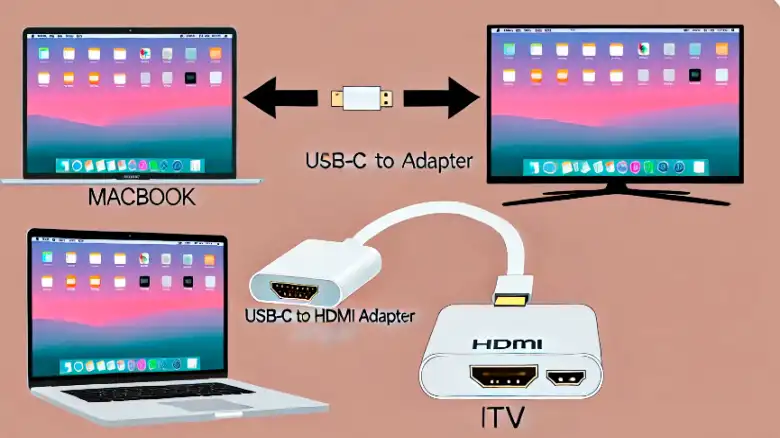 USB-C - HDMI アダプタを使用して MacBook をテレビに接続する図。アダプタを介してテレビの HDMI ポートに接続された MacBook と、ミラーリング用のディスプレイ設定を調整する手順を示します。