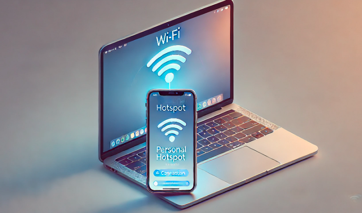 MacBook がテザリング経由で iPhone に接続され、MacBook に Wi-Fi シンボルが表示され、iPhone 画面でパーソナルホットスポットが有効になっています。