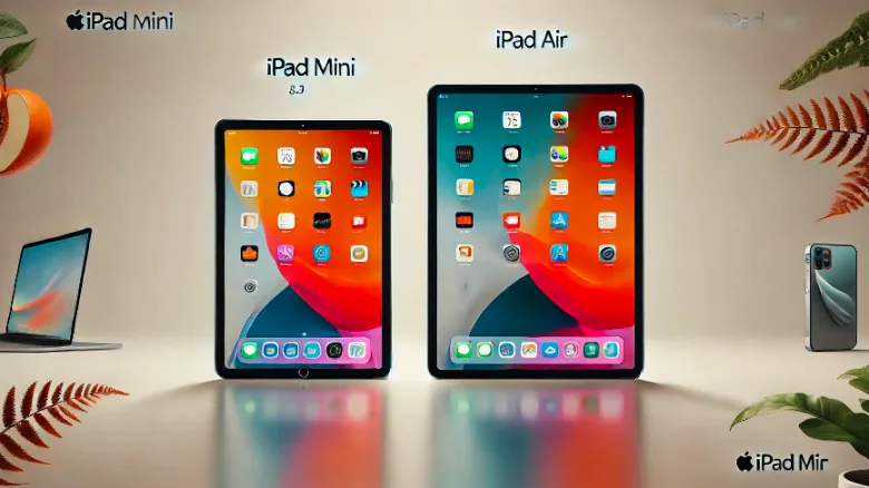 「左側にiPad mini、右側にiPad Airを並べた比較画像。iPad miniは小型で持ち運びやすく、iPad Airは大画面で作業向き。」