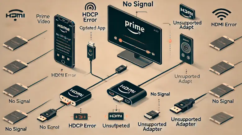 iPhoneとHDMIで接続されたテレビがAmazonプライムビデオを再生しようとしているが、画面にエラーが表示されている状況を示す画像。