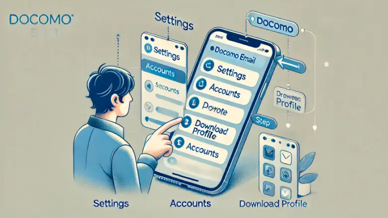 「ドコモメールをiPhoneで引き継ぐ手順のイラスト。iPhoneの画面に『設定』『アカウントとパスワード』『プロファイルダウンロード』が表示され、矢印で手順が示されています。背景はシンプルで操作手順が強調されています。」