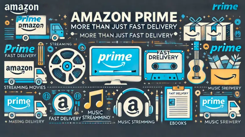 Amazon プライム会員特典を紹介するバナー。デザインには、映画のストリーミング、高速配信、音楽のストリーミング、電子書籍を表すアイコンが使用されています。レイアウトはすっきりとモダンで、Amazon の特徴的な色と「Amazon プライム: 高速配信だけではありません。」というテキストが使用されています。