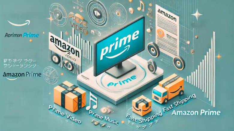 Amazonプライム会員特典を象徴するイメージ画像。Prime Video、Prime Music、Prime Reading、配送特典を示すアイコンとAmazonプライムのロゴが中央に配置され、明るい背景に整ったデザイン。