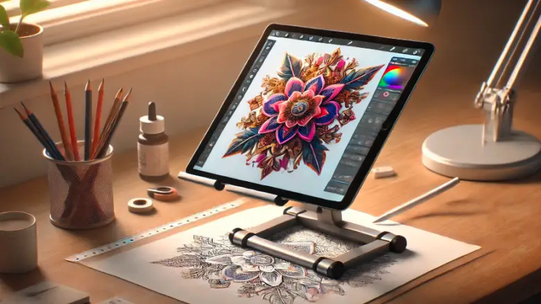 An iPad securely placed on a stand designed for tracing and drawing, featuring a vibrant tracing application displaying an intricate floral design.