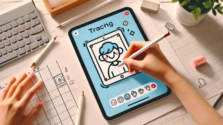 "An iPad placed on a desk being used for tracing with the screen fixed, alongside drawing tools like pencils and paper."