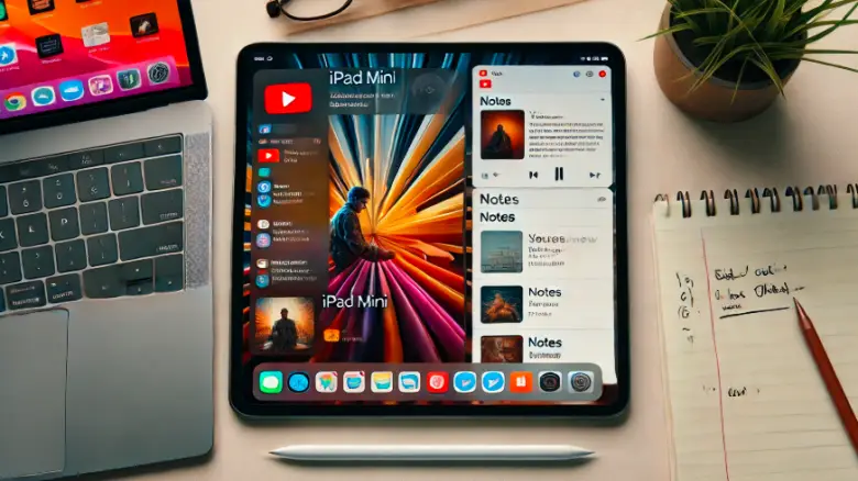 iPad miniが横向きでSplit Viewを表示している様子。画面の左側にはYouTube動画のサムネイルが表示され、右側にはメモアプリが開かれている。