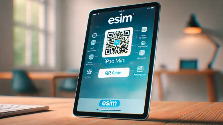 「iPad miniでeSIM設定画面を表示している画像。横長のデスクに置かれたiPad miniとともに、eSIM設定が表示されているスクリーンショットが写っています。」