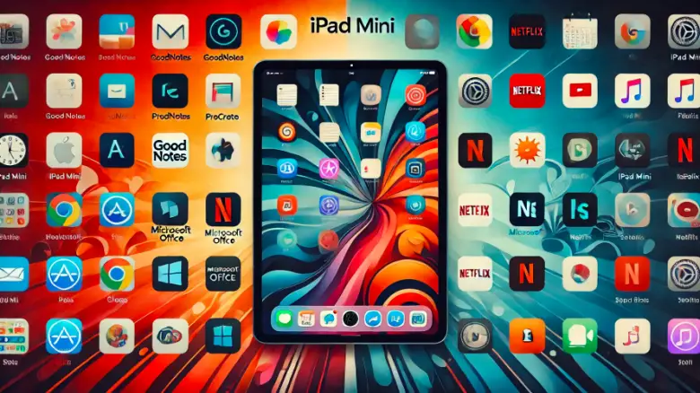 「GoodNotes、Procreate、Microsoft Office、Netflix のアイコンをモダンで鮮やかなデザインでフィーチャーした、iPad mini 向けのさまざまな推奨アプリを紹介する横長のイラストです。」