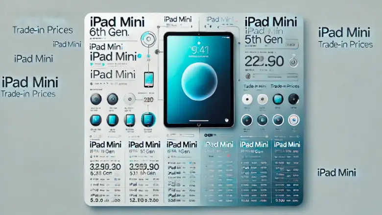 「iPad miniのモデル別下取り価格を示す横長のインフォグラフィック。左側にスタイリッシュなiPad miniのアイコンがあり、右側には各モデルの価格範囲が表形式で表示されている。」