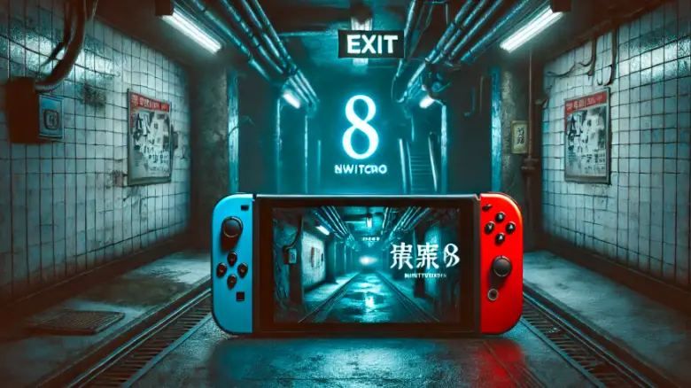 Nintendo Switchでプレイ可能な『8番出口』のゲーム画面を中心にしたプロモーション画像。暗い地下通路の雰囲気とゲームロゴが印象的。