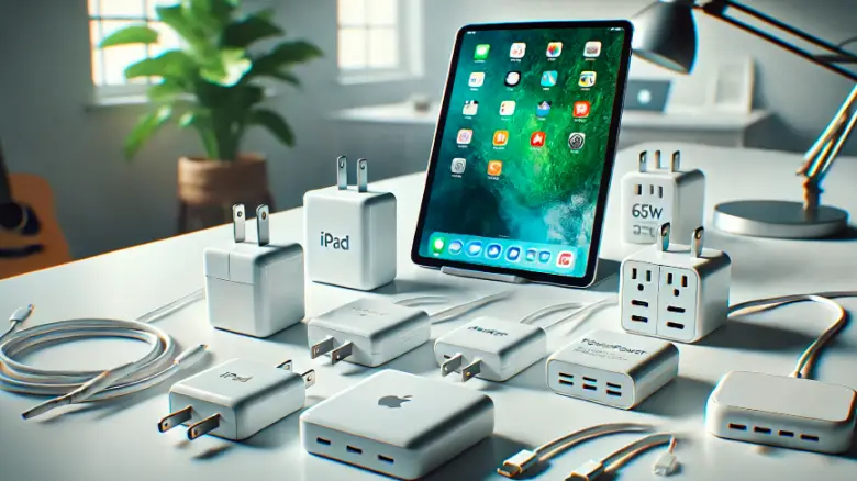 iPad充電器がデスク上に並べられた画像。USB-Cタイプやライトニングケーブル対応のモデルが確認できる