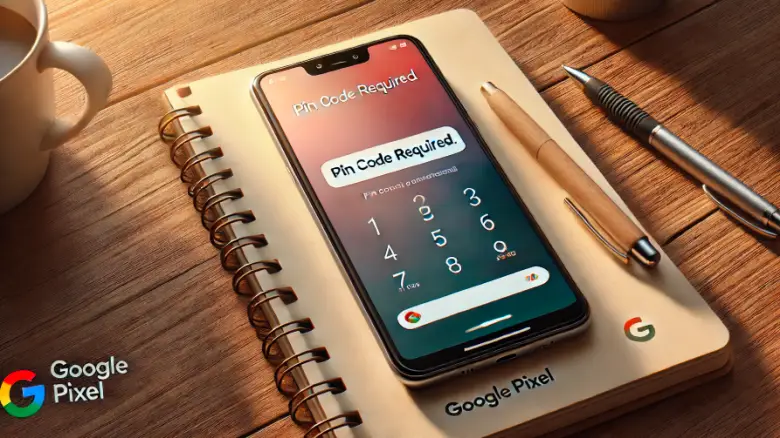 Google PixelのPINコード入力画面。ユーザーがPINを思い出そうとしているシーン。横にノートとペンが置かれた暖かい雰囲気の写真。