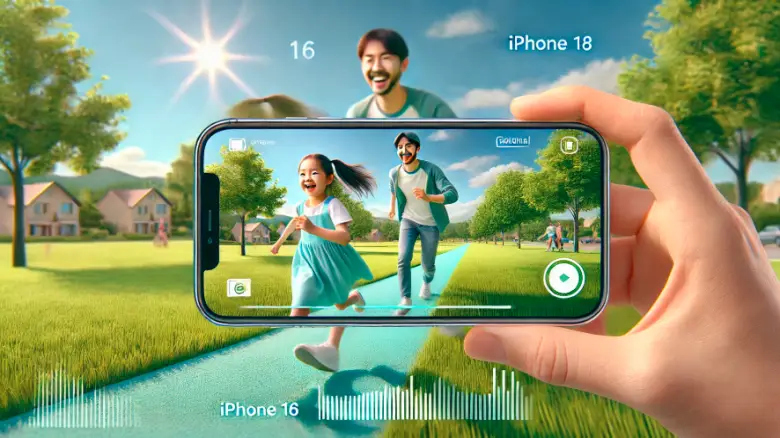 "夫婦がiPhone 16で走る女の子を撮影する様子"