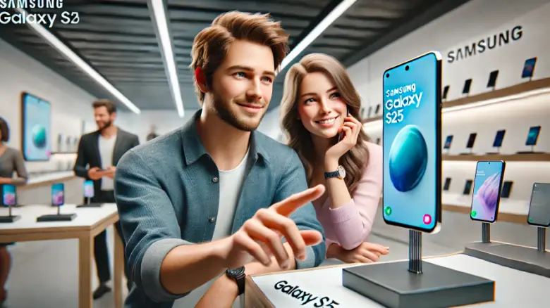 20代の男女がショップでGalaxy S25を手に取っている様子。