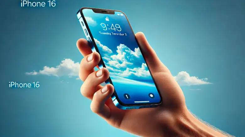 iPhone 16を手に持って青空を背景にした表示画面のイメージ画像