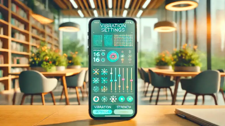 iPhone16のバイブレーション設定画面をイメージしたデザイン画像。カフェの背景に配置されたスマートフォン画面。