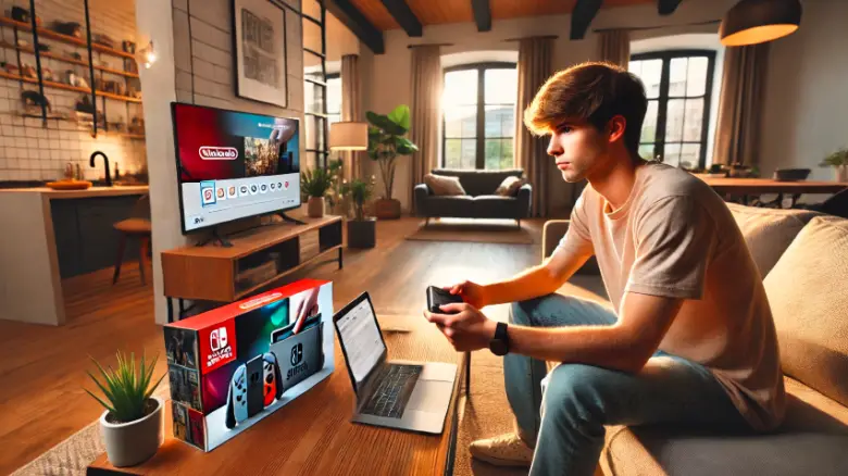 任天堂スイッチ2の発売情報をリビングで調べる20代男性。手にNintendo Switchを持ちながら、ソファに座っている。