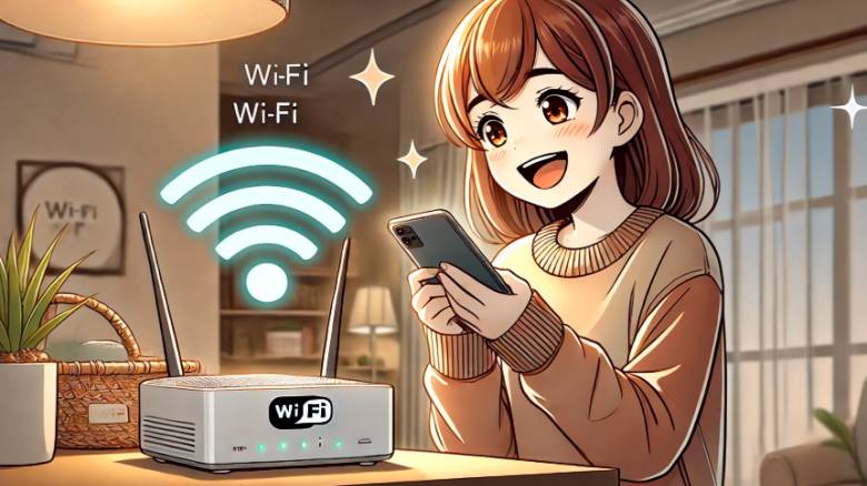 Wi-Fi接続が成功してスマホを見つめて喜ぶ少女のアニメ風イラスト