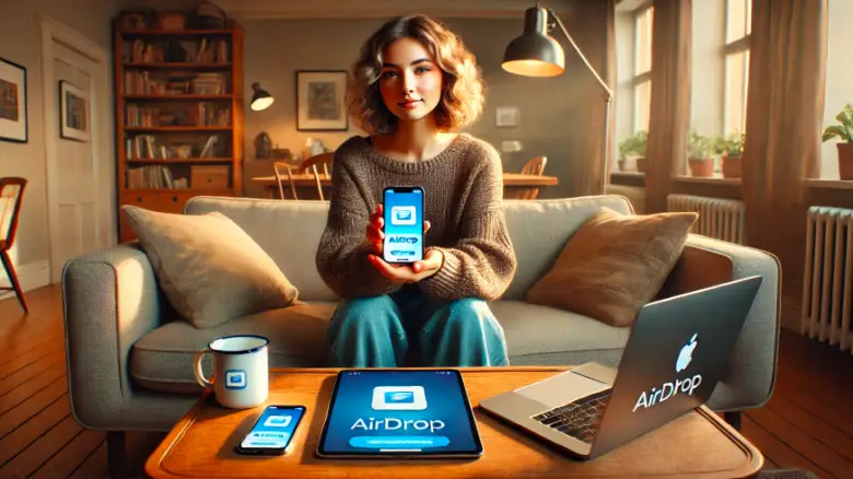 20代のカジュアルな女性が、自宅のリビングでiPhone、iPad、Macを使ってAirDropを試している様子。