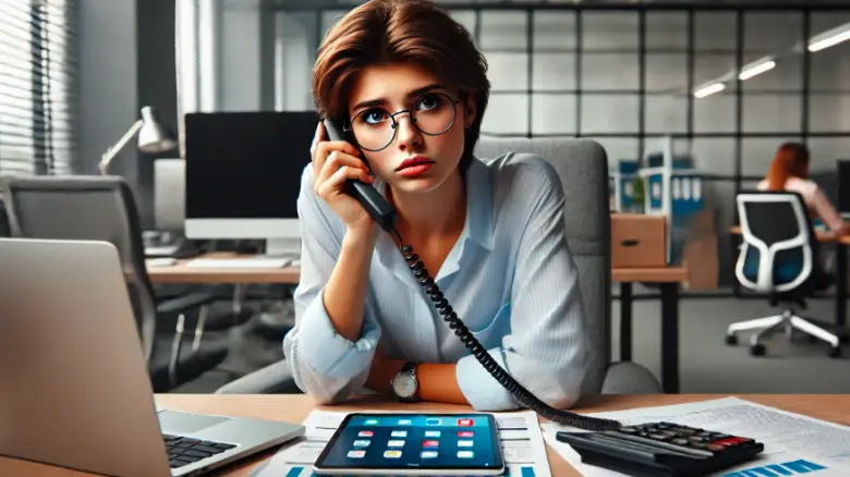 A 20-year-old woman with short hair and glasses seeking help for a forgotten iPad password in an office.