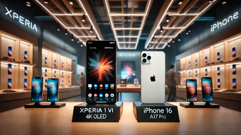 Xperia 1 VIとiPhone 16の比較イメージ。公園での利用シーンを背景に、両モデルの特徴を並べて表示。