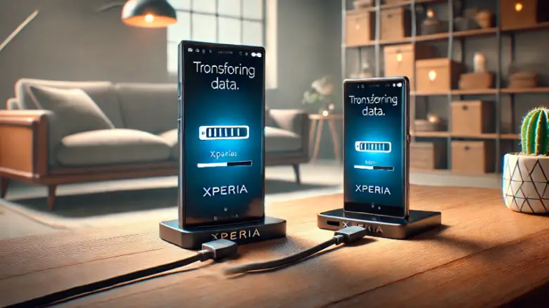 Xperiaスマートフォン2台が机の上に横並びで置かれ、USBケーブルでデータ移行を行う様子。