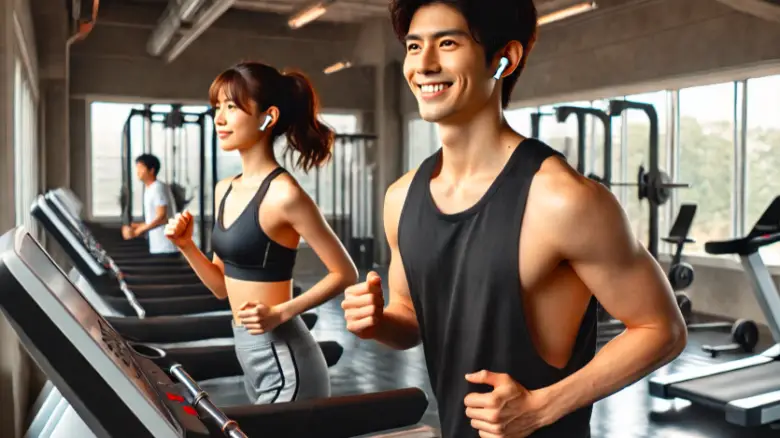 スポーツジムでAirPods Proを使用してトレーニングする20代の男女