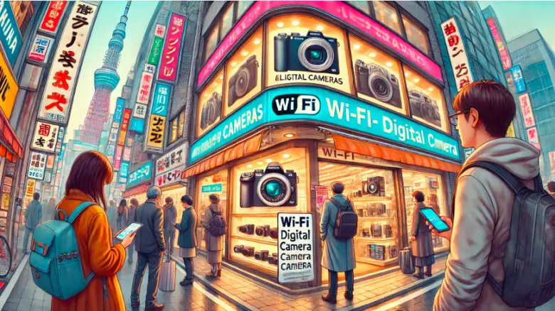 秋葉原で外国人観光客がスマホに送れるデジカメを探す様子
