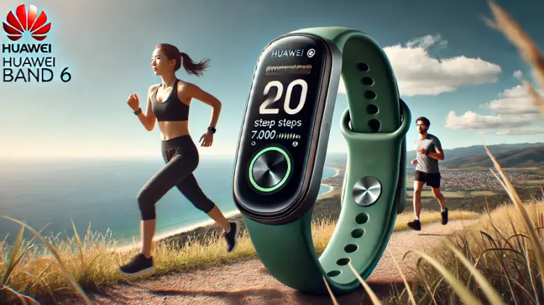  Huawei Band 6を装着してランニングする男女とスマートウォッチのクローズアップ