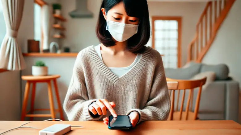 iPhoneを初期化する20代女性がパソコンを使っている様子