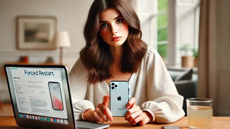 20代の女性がiPhoneの強制再起動の危険性について調べている様子