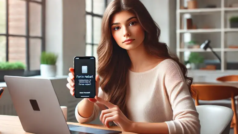 20代女性がiPhone16を強制再起動している様子