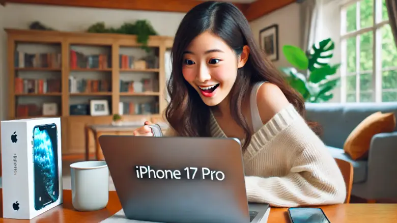 20代の日本人女性が自宅でパソコンを使い、iPhone 17 Proのリーク情報を見て喜んでいる様子。