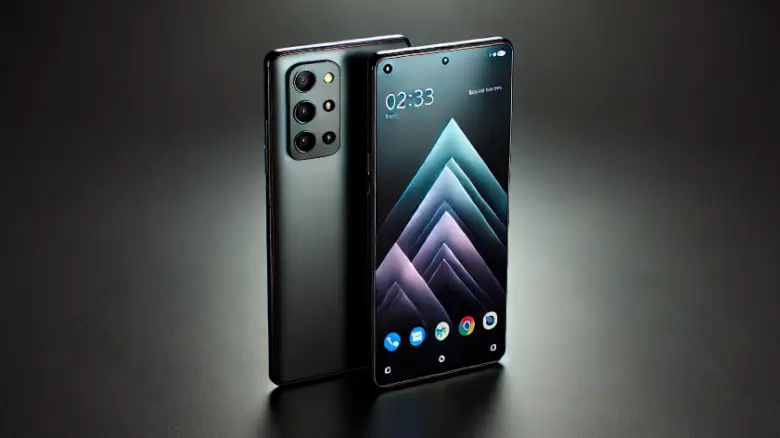 モダンなスマートフォン3色の高品質レンダリング画像。黒のマット仕上げ、トリプルカメラ、ベゼルレスディスプレイ。