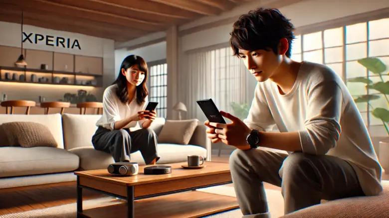 20代の日本人男女が自宅のリビングでXperiaスマートフォンのアップデートを実施している様子
