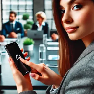 会議中にiPhone16の電源を切る20代女性のイメージ画像