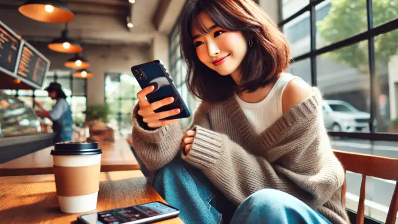 カフェでWi-Fiを使ってスマートフォンを楽しむ女性