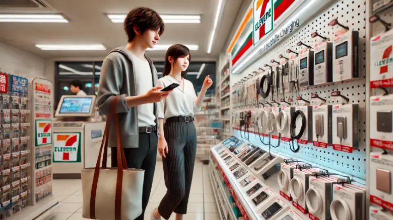 セブン-イレブンでモバイル充電器を選ぶ20代の男女